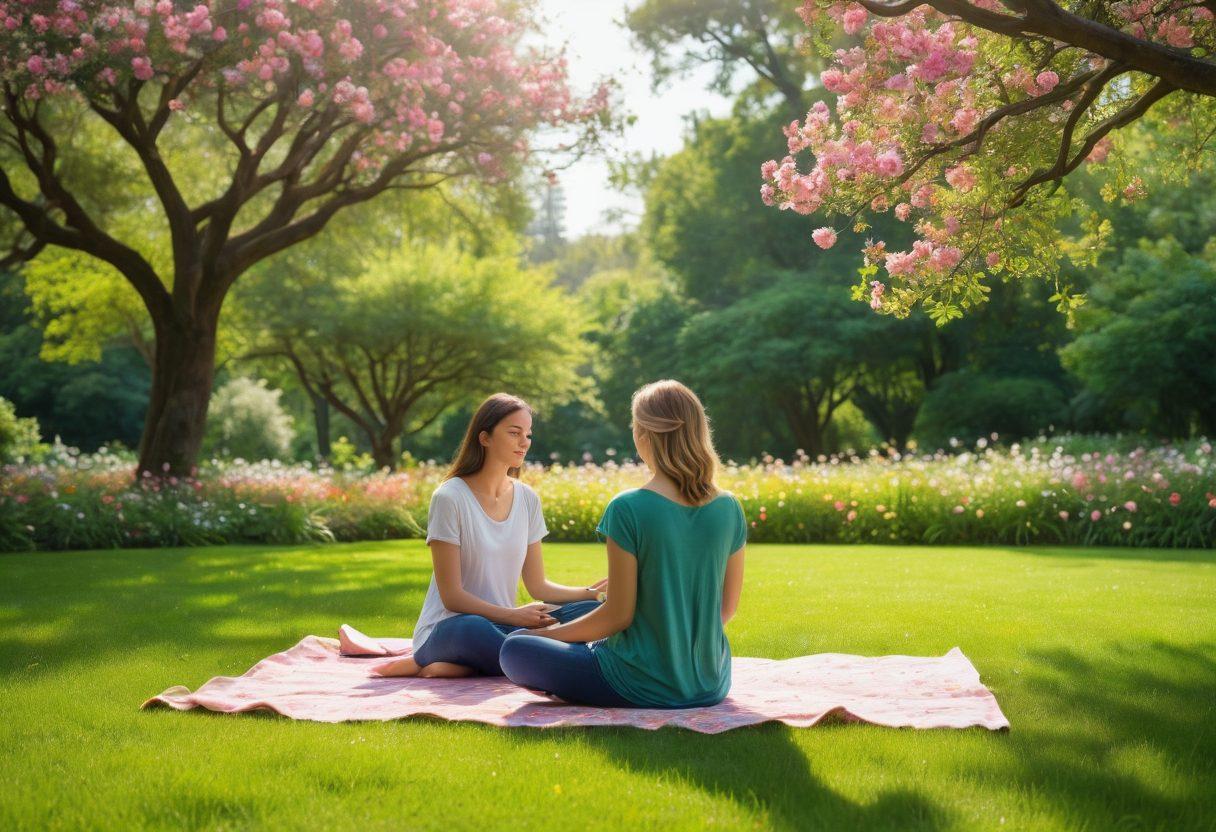 A tranquil scene featuring a serene person practicing mindfulness in a lush green park, surrounded by blooming flowers and gentle sunlight filtering through the trees. Add elements symbolizing emotional health, like floating hearts and calming waves in the air. The colors should be soft pastels to evoke serenity and warmth. Elements of self-care such as a journal and tea cup nearby. super-realistic. vibrant colors. serene atmosphere.