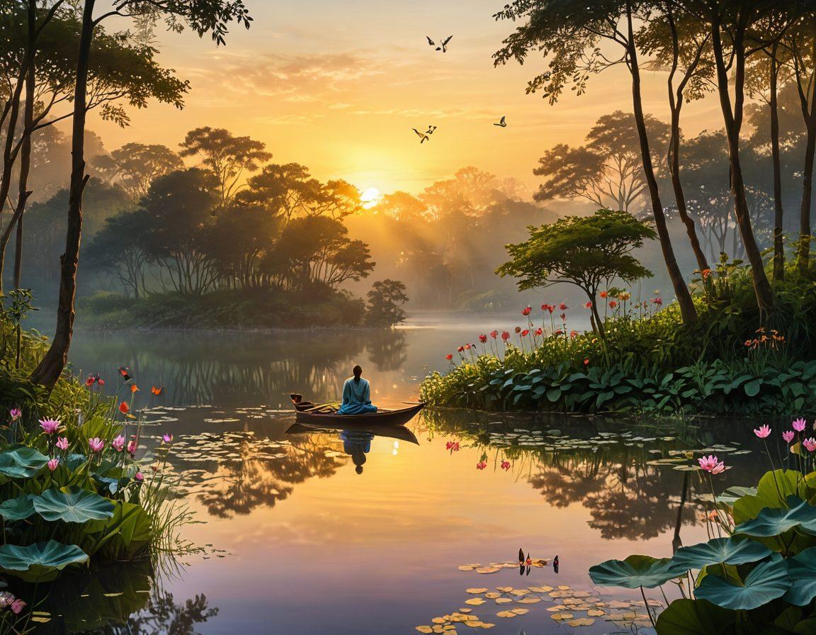 A serene landscape featuring a golden sunrise over a peaceful lake, symbolizing transformation and happiness. Include a path winding through lush greenery leading to a figure practicing meditation, surrounded by floating lotus flowers and butterflies. The scene should evoke feelings of tranquility and contentment. super-realistic. vibrant colors. ethereal lighting.