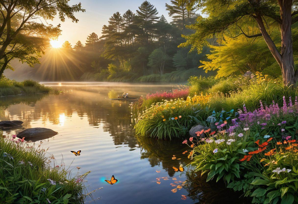 A serene landscape depicting a sunrise over a tranquil lake, with a diverse group of people practicing yoga and meditation on the shore. The scene should radiate warmth and positivity, showcasing elements like blooming flowers, gentle ripples in the water, and soft sunlight filtering through trees. Include symbols of joy such as butterflies and laughter to enhance the feeling of empowerment and balance. vibrant colors. super-realistic.